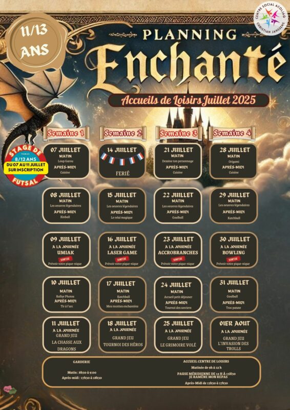Planning des 11/13 ans ALSH juillet 2025