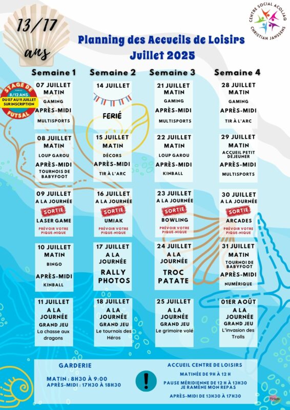 Planning des 13/17 ans ALSH juillet 2025