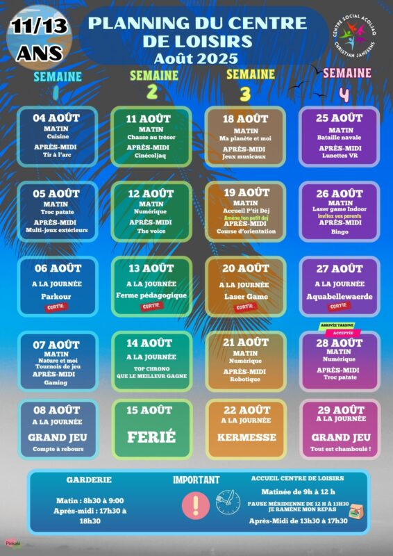 Planning Aout 2025 11/13 ans