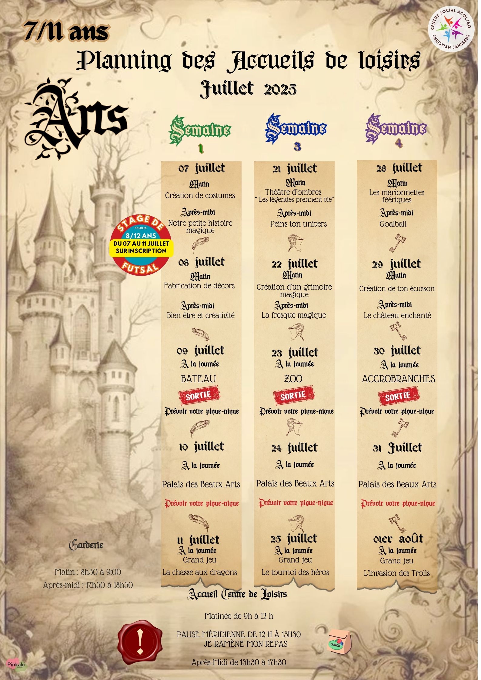 Planning ALSH Arts (7/11ans) Juillet 2025