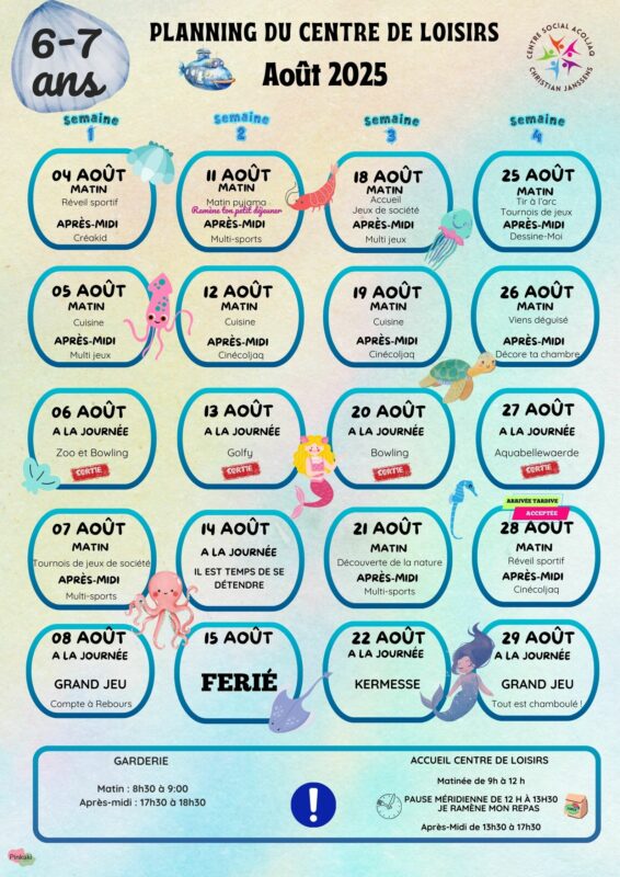 Planning Aout 2025 6/7 ans