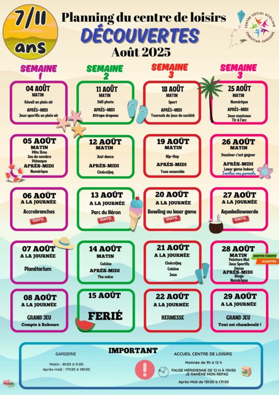 Planning Aout 2025 Découvertes 7/11 ans