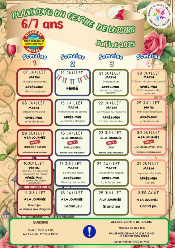 Planning juillet 2025 6/7 ans