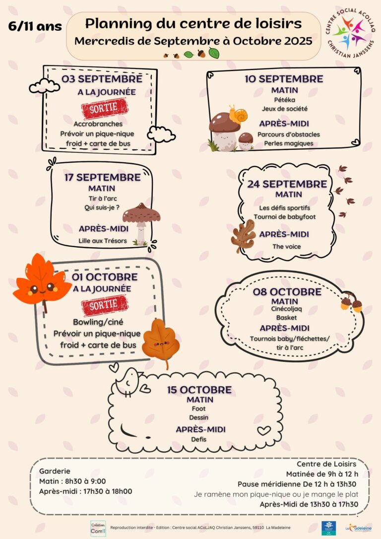 Planning ALSH des mercredis de septembre et octobre 2025 pour les 6/11 ans du centre social Acoljaq de la madeleine