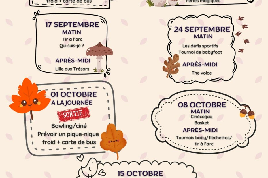 Planning ALSH des mercredis de septembre et octobre 2025 pour les 6/11 ans du centre social Acoljaq de la madeleine