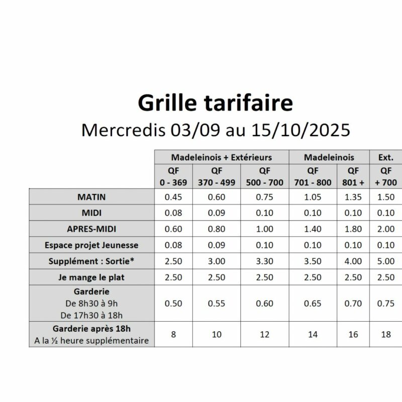 Tarifs ALSH sept 2025