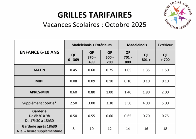Tarifs toussaint 2025 enfants