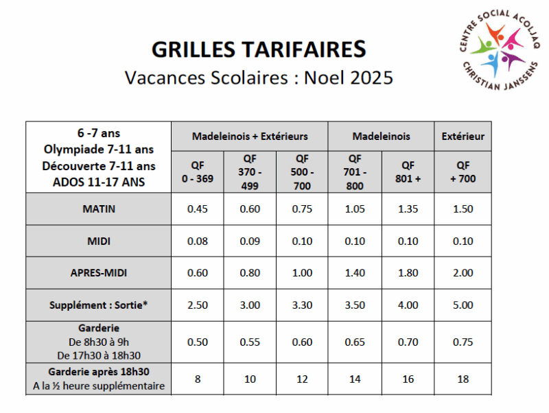 Tarifs vacances de Noel 2025