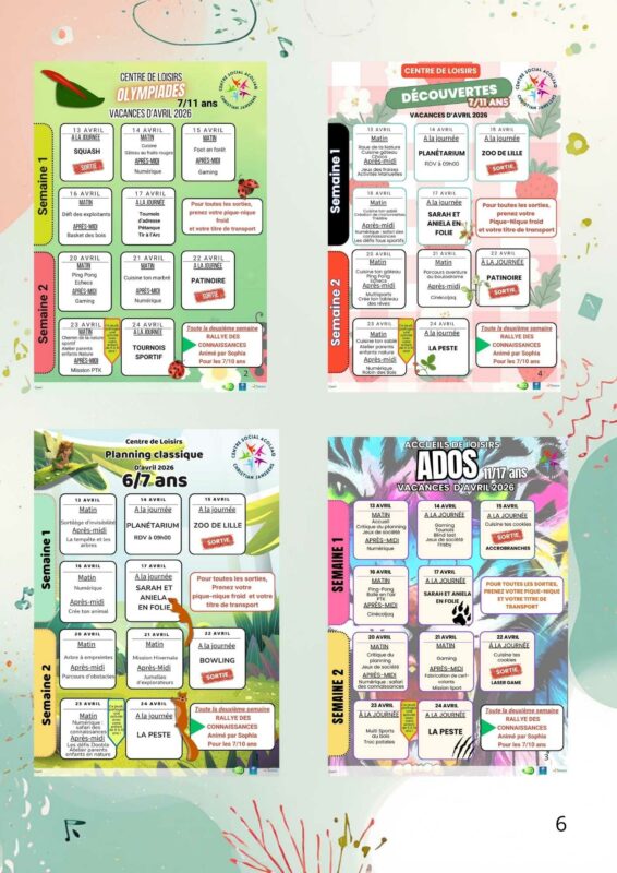plannings vacances avril 2026