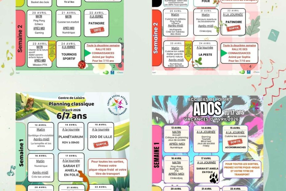plannings vacances avril 2026