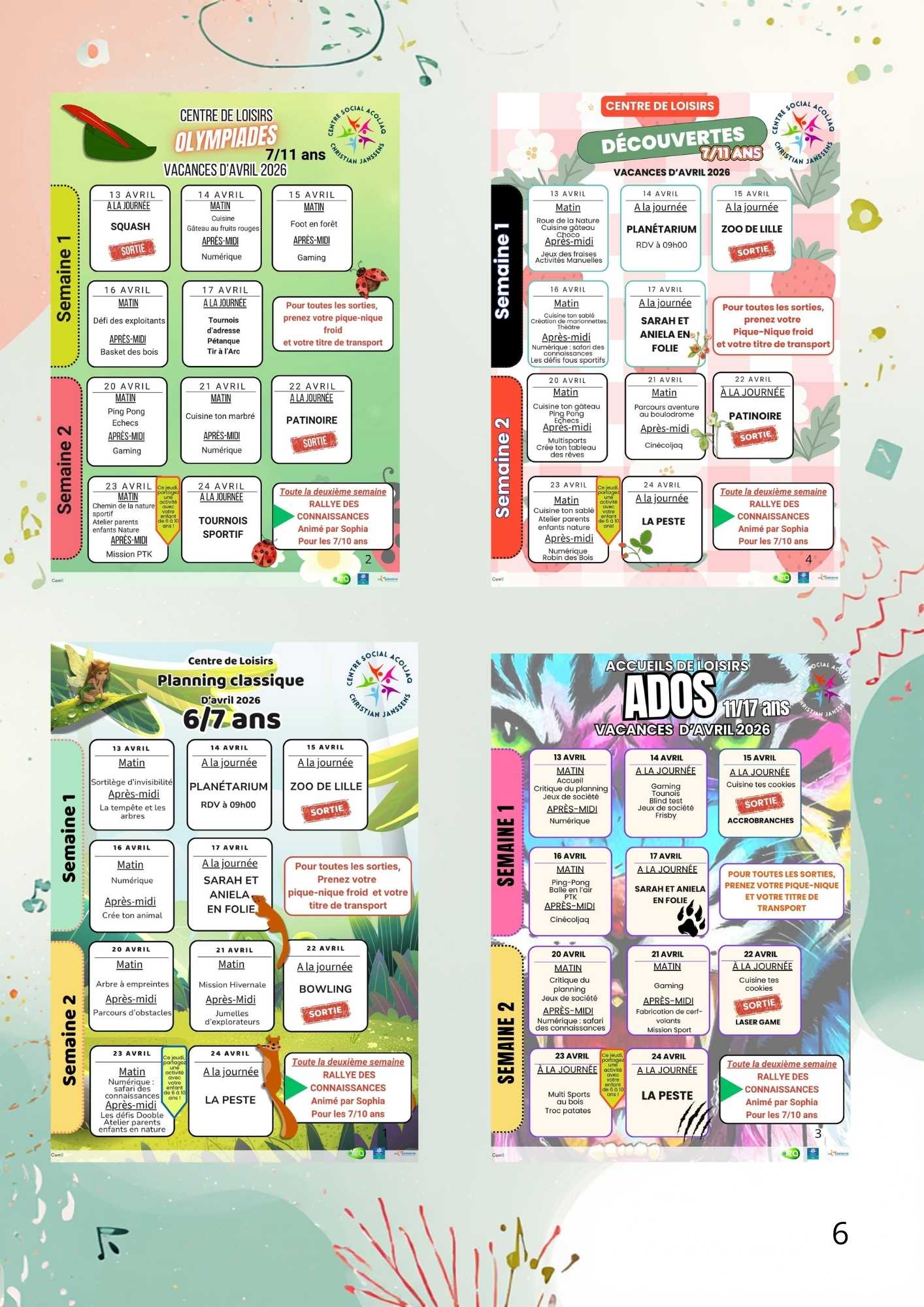 plannings vacances avril 2026