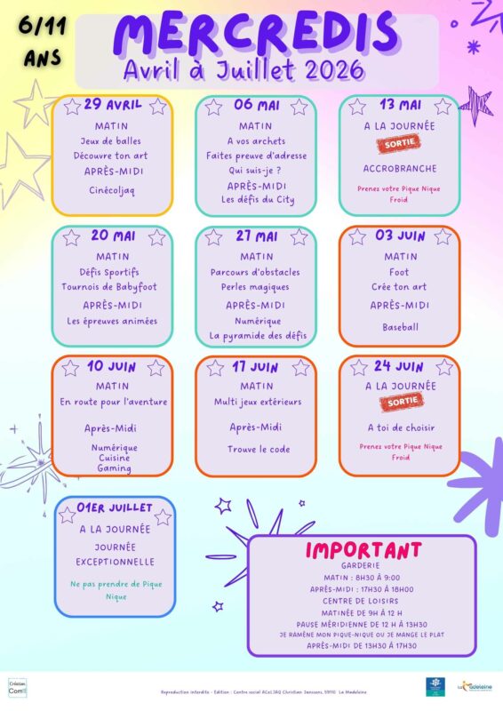 Mercredis d'avril a juillet 2026 ALSH 