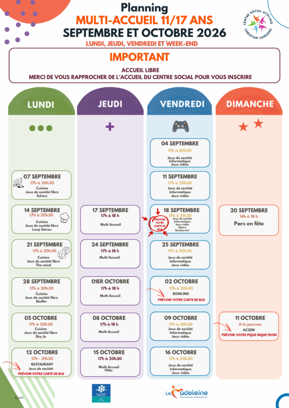 Planning des accueils multiples activités de Septembre à Octobre 2026