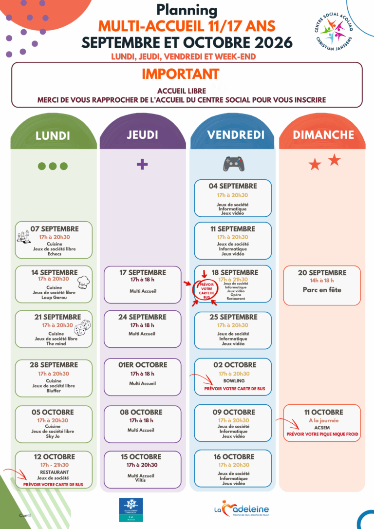 Planning des accueils multiples activités de Septembre à Octobre 2026